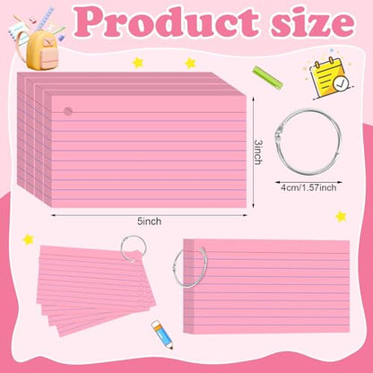 Pink Index Cards 3x5 Inch Lined Flash Cards with Ring Heavyweight Flashcards Note Cards for Studying School Supplies College, 200 Count - color: Pink, size: 3x5