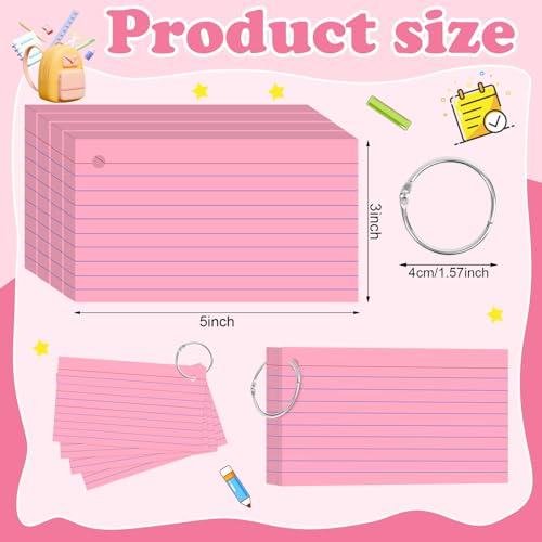Pink Index Cards 3x5 Inch Lined Flash Cards with Ring Heavyweight Flashcards Note Cards for Studying School Supplies College, 200 Count - color: Pink, size: 3x5