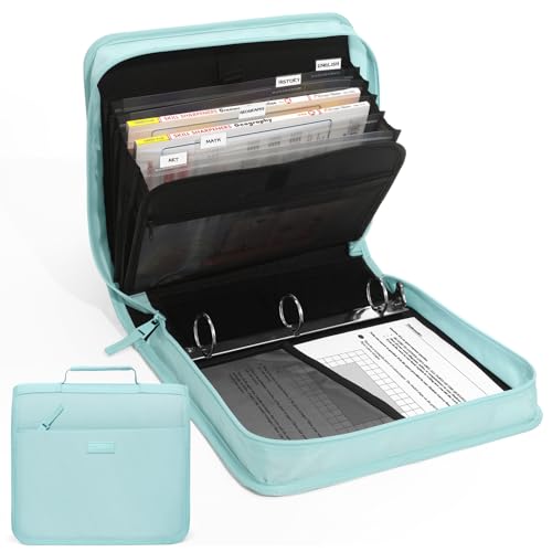 SUNEE Zipper Binder with Handle, 1.5 Inch O-Ring, 325 Pages Capacity, with 5-Tab Expanding File Folder for Classified Storage, Small Size Lightweight Zipper Bag, Sky Blue - color: Sky Blue