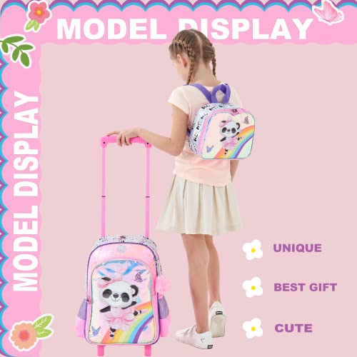 Panda Rolling Backpack for Girls with Lunch Box Kids Backpack with Wheels for School Sequin Trolley Trip Luggage Rolling Bookbag for Kindergarten Girls Elementary - color: Pink Panda-3pcs