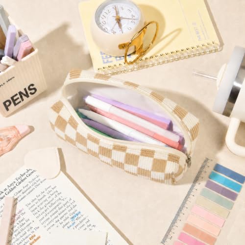 22Pcs Book Annotation Kit Aesthetic Pencil Case with Supplies School Annotation Supplies Gel Pen Transparent Sticky Note Taking Bible Study College Stationery Supplie (Beige Checkered) - color: Beige Checkered