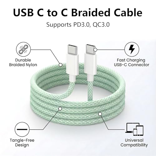 USB C to C Charger Cable, 60W, 3FT, 2-Pack, Green | Fast Charging, Braided Nylon, for iPhone 17/16/15, MacBook iPad, Galaxy S25/S24 - color: Green, size: 3FT+3FT