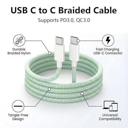 USB C to C Charger Cable, 60W, 3FT, 2-Pack, Green | Fast Charging, Braided Nylon, for iPhone 17/16/15, MacBook iPad, Galaxy S25/S24 - color: Green, size: 3FT+3FT