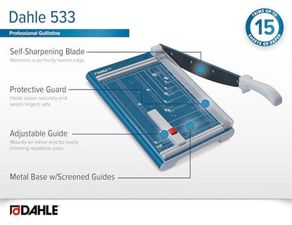 Dahle 533 Professional Guillotine Trimmer, 13" Cut Length, 15 Sheet Capacity, Self-Sharpening, Manual Clamp, German Engineered Paper Cutter | For paper, photos and business cards, ideal for hobby and creative projects, precise cuts, stable cutting table -