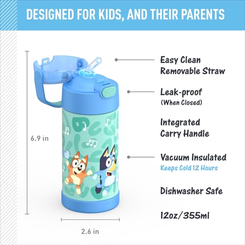 THERMOS FUNTAINER Water Bottle with Straw - 12 Ounce - Kids Stainless Steel Vacuum Insulated Water Bottle with Lid, Bluey - color: Bluey