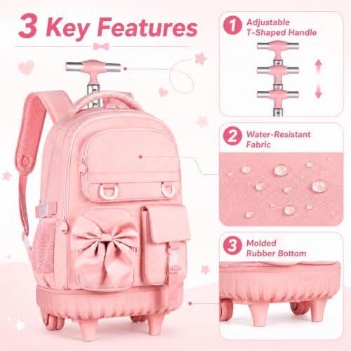 HPJGD 3PCS Girls Rolling Backpack, Pink Bow Tie Wheeled School Backpacks, Water-Resistant Roller Bookbag Set - color: Pink Bowknot Rolling Backpack Set