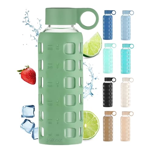 purifyou 40oz / 32oz / 22oz / 12oz Borosilicate Glass Water Bottle with Time & Volume Markers, Silicone Sleeve, Stainless Steel Lid | Reusable Glass Bottle for Water & Juice (12oz Shale Green) - color: Shale Green (1 Count), size: 12 Ounces