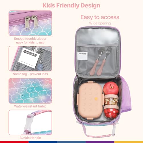 Bagseri Kids Lunch Bag with Shoulder Strap - Insulated School Lunch Box | Easy Carry Handle, Leak Proof, Water Bottle Holder, Roomy Toddler Lunch Box for Snacks, Drinks, Picnics, Trip, Purple Mermaid - color: B Purple Mermaid Tail, size: Crossbody Strap S
