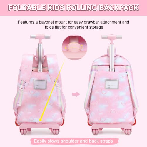 Scothen Rolling Backpack for Girls, 3PCS Roller School Backpacks for Girls with Lunch Bag and Pencil Pouch, Kids Bookbag Schoolbag with Wheels for Teen Girl Kindergarten Elementary Middle School - color: Pink