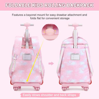 Scothen Rolling Backpack for Girls, 3PCS Roller School Backpacks for Girls with Lunch Bag and Pencil Pouch, Kids Bookbag Schoolbag with Wheels for Teen Girl Kindergarten Elementary Middle School - color: Pink