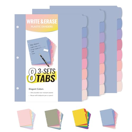 Sooez 8 Tabs Long-Lasting Plastic Write & Erase Large Tabs Dividers for 3 Ring Binder, Aesthetic Cute Pastels Binder Dividers for Student, Teacher, Office, Home Organizers, 3 Sets, Muted - color: Muted, size: 3 Sets