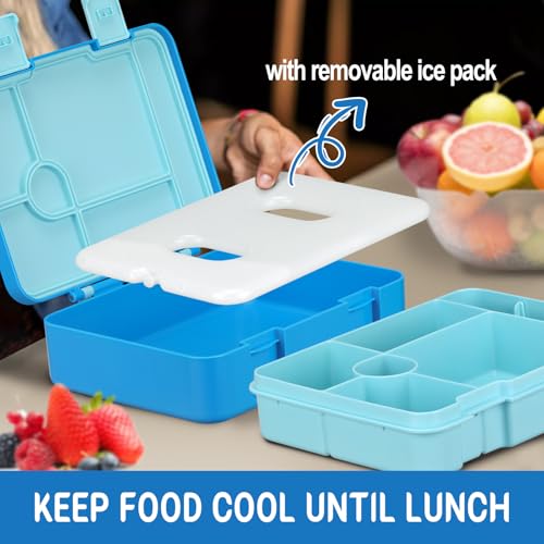 Kids Bento Lunch Box with Ice Pack, 5 Compartments Leak-Proof Bento Box with Utensils, 5.5-Cup Capacity for Adults & Ages 8+, BPA Free, Microwave & Dishwasher Safe, Blue - color: Blue