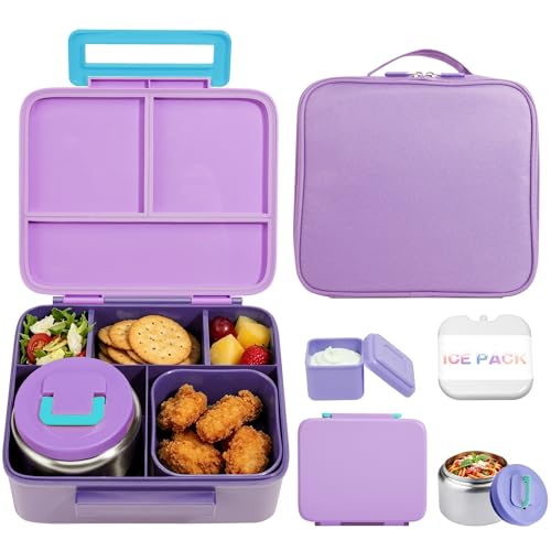 Bento Lunch Box for Kids with 8oz Soup Thermo Leak-Proof Lunch Food Containers with Snack Sauce Container for Kid Girls Boys to School,Purple Bag - color: Purple Bag