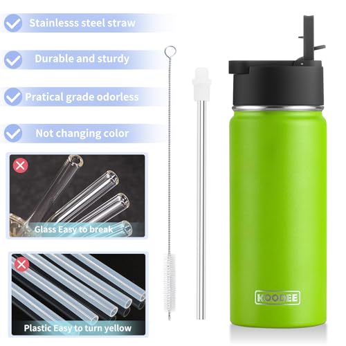 Koodee 16 oz Water Bottle-Stainless Steel Double Wall Vacuum Insulated Wide Mouth Water Flask with Straw Lid, BPA Free(Apple Green） - color: apple-green-A, size: 16 Ounces