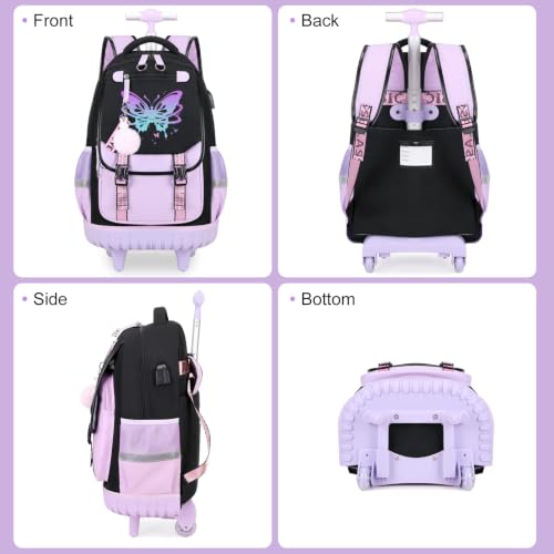 Bevalsa Rolling Backpack for Girls, 3PCS Roller School Backpack Set | with Lunch Box & Pencil Case, Kids Bookbag with Wheels for Teen Girls Elementary Middle High School Students - color: Purple Butterfly