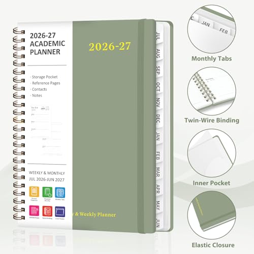 Planner 2026-2027, Weekly and Monthly Academic Year Calendar Planner, July 2026 - June 2027, Daily Agenda Book for Office School Supplies, A5(6.3'' x 8.5'') - color: C-Green, size: 6.3"x8.5"(Jul 2026-Jun 2027)