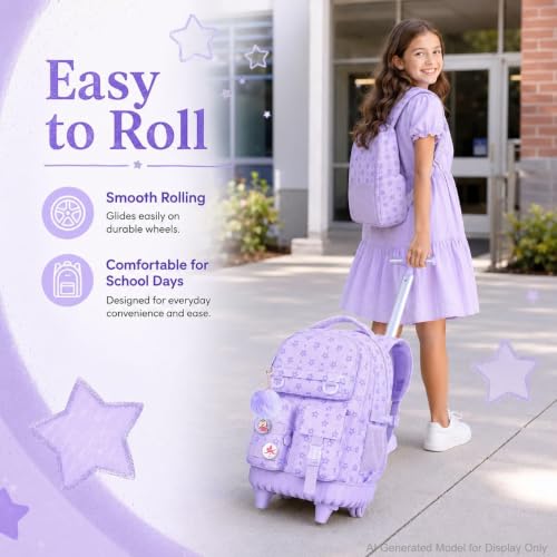 CCJPX 3Pcs Rolling Backpack for Girls, Roller Wheeled School Bookbag, Star Wheels Backpacks with Lunch Box for Kids (Purple) - color: Star Purple