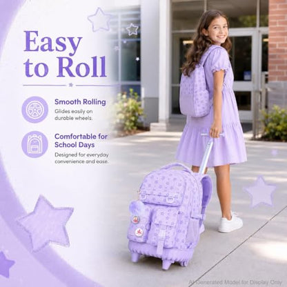 CCJPX 3Pcs Rolling Backpack for Girls, Roller Wheeled School Bookbag, Star Wheels Backpacks with Lunch Box for Kids (Purple) - color: Star Purple