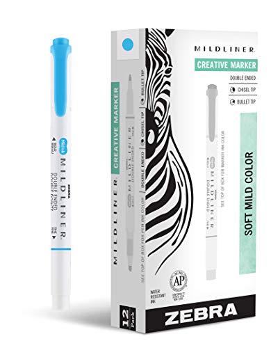 Zebra Pen Mildliner Dual-Tip Highlighters, Broad and Fine Tips, Ideal for Bible Highlighting, No Bleed, School Supplies, Teacher Supplies, and Office Supplies, Mild Cyan Ink, 12-Pack (78560upc) - color: Cyan
