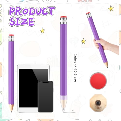 16 Inch Wooden Large Jumbo Pencils Giant Big Funny Wood Pencil with Cap and Eraser Fun Novelty Gifts for Kids School Kindergarten Home Office Prop Supplies(Purple) - color: Purple