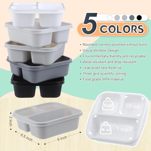 Honeydak 5 Pack Snack Containers 3 Compartment Bento Snack Boxes Divided Meal Prep Containers with Lids Reusable Adults Lunch Food Storage Box for School Work Travel(Black and White Ombre) - color: Black and White Ombre