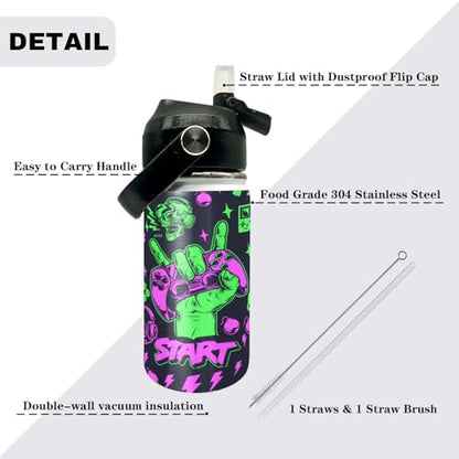 Gamepad Pattern Kids Water Bottle 12oz Stainless Steel Insulated Bottle Vacuum Leak Proof Straw Lid with Double Wall BPA Free School (Color5) - color: Color5