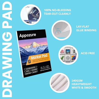 240GSM Bleedproof Sketch Pad for Markers, Acid-Free Heavyweight Smooth Drawing Papers, 8.5"×11" Large Paper Size Glue-Bound, 30 Sheets/60 Pages, Ideal for Artists, Kids, Beginners, Dry Media, Gifts - size: 8.5" ×11"