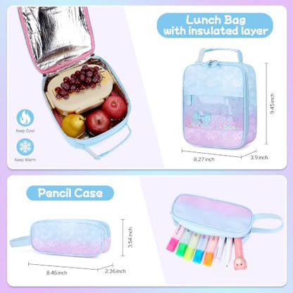 Jafeton Backpacks for Girls, Girls Backpack with Insulated Lunch Bag and Pencil Case for Kids Teens Elementary Middle High School Student, Cute Bow School Bag Travel Daypacks Book Bag Set - color: Blue Purple