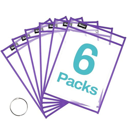 SUNEE 6 Packs Oversized Reusable Dry Erase Pocket Sleeves with Ring, Purple 10x14 Ticket Holders, Clear Plastic Sheet Protectors, Teacher School Classroom Supplies - color: Purple, style: 6 Pack