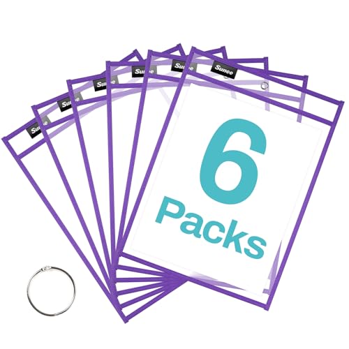 SUNEE 6 Packs Oversized Reusable Dry Erase Pocket Sleeves with Ring, Purple 10x14 Ticket Holders, Clear Plastic Sheet Protectors, Teacher School Classroom Supplies - color: Purple, style: 6 Pack