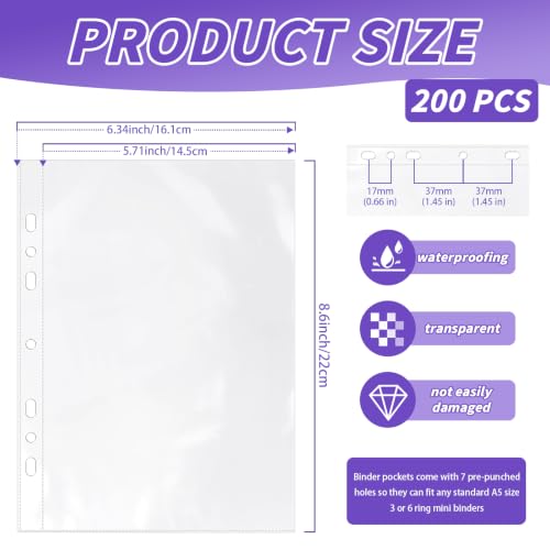 VOKOY 200 Pack 5.5x8.5 Inch Sheet Protectors for 3 or 6 Ring A5 Binder, Half Letter Size 7 Holes Mini Heavy-Duty Sheet Protector Sleeves Crystal Clear Playbill Binder Pockets - size: 5.5x8.5 Inch-1 Pocket, style: 200 Pack