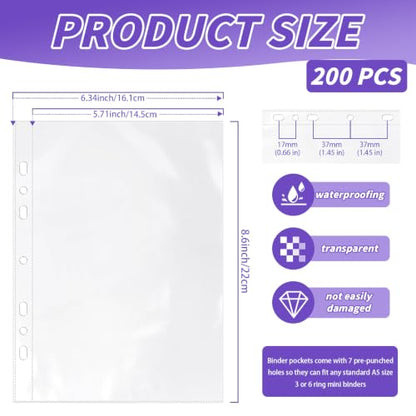 VOKOY 200 Pack 5.5x8.5 Inch Sheet Protectors for 3 or 6 Ring A5 Binder, Half Letter Size 7 Holes Mini Heavy-Duty Sheet Protector Sleeves Crystal Clear Playbill Binder Pockets - size: 5.5x8.5 Inch-1 Pocket, style: 200 Pack