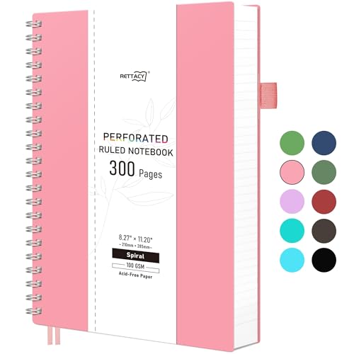 RETTACY Spiral College Ruled Notebook, 300 Perforated Pages (8.2" x 11.2") | 100 GSM Thick Paper, Flexible Plastic Cover, for School, Work, Writing, Journaling (Pink) - color: Pink