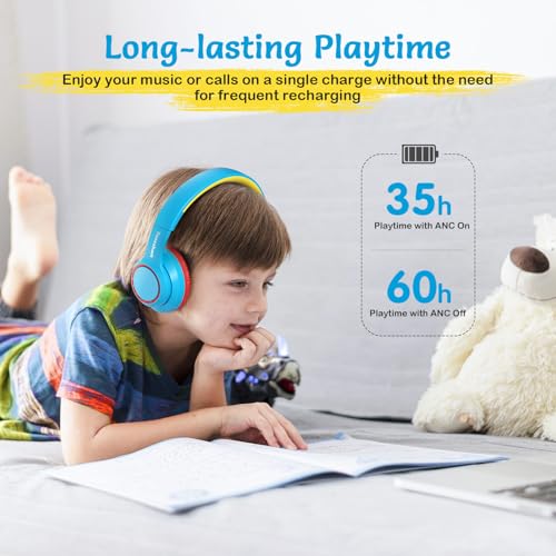 TONOSHARK Kids Bluetooth Headphones with Active Noise Cancelling, Wireless Over-Ear Headphones for Boys Girls, Foldable, Adjustable,for School Trave (Blue red) - color: blue red