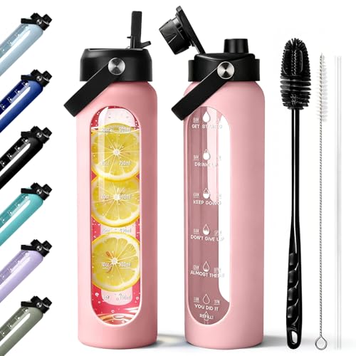 Aqulea 32 oz Glass Water Bottle with 2 Lids – Spout & Straw Lids, 1L Motivational Borosilicate Glass Water Bottle with Time Marker & Silicone Sleeve, Leakproof (Pink) - color: Pink, size: 32 Ounces