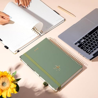 FLYING EAGLE Leather Spiral Notebooks for Work 5 Subject Notebook College Ruled with Dividers Pen, 360 Pages B5 Hardcover Lined Journals for Women Men Writing,Green - color: A.green