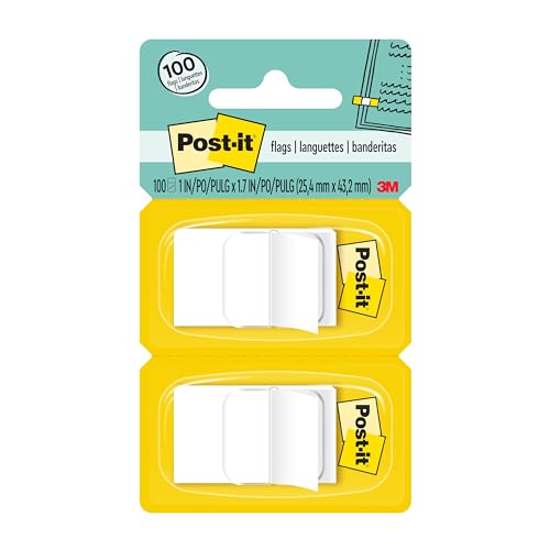 Post-it Flags, 1 x 1.7 in, White, 2 Dispensers, 50 Flags/Dispenser | Removable Page Markers for Planners, Journals, and Calendars - color: White, size: 0.3" x 2.7"