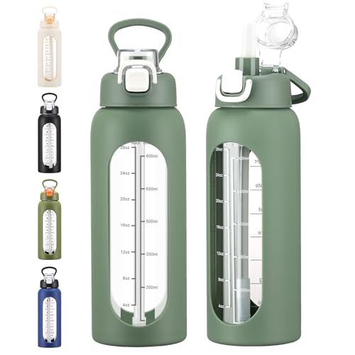 chunmo 32 oz Glass Water Bolttles with Straw Large Motivational Water Bottle with Time Marker Sports Water Bottles with Silicone Sleeve and Handle Lid Water Jug for Gym Workout - color: Olive, size: 32 Ounces
