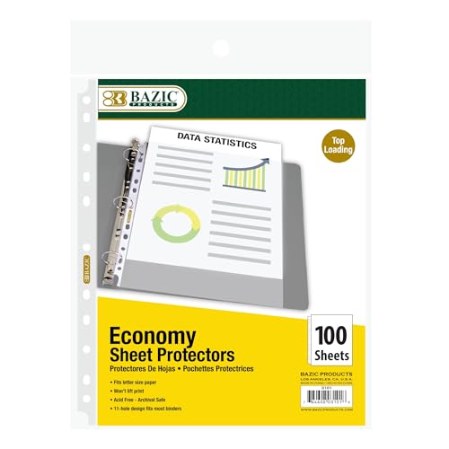 BAZIC Products Economy Weight Sheet Protectors, Top-Load, Letter, 100 Pack | letter size, economy weight top-loading sheet protectors, acid-free poly, Fit 3-ring binders, Clear front and back - color: 100-count, size: 1-Pack