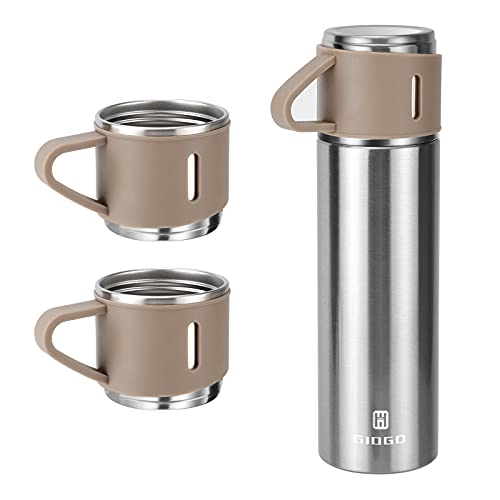 Stainless Steel Thermo 500ml/16.9oz Vacuum Insulated Bottle with Cup for Coffee Hot drink and Cold drink water flask.(Brown,Set) - color: Brown (Set), size: 16.9 Ounces
