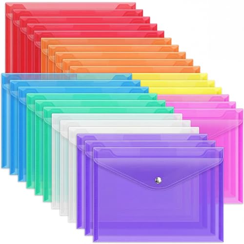 EOOUT 28pcs Plastic Envelopes, Plastic Folders for Documents, Poly Folders with Snap Closure, 8 Colors, A4 Size, Letter Size, for School and Office Supplies - color: Rainbow, style: 28pcs