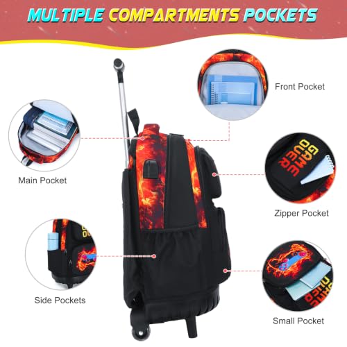 Scothen 3PCS Rolling Backpack for Boys, Cool Gamer Roller Backpack with Wheels, Kids Boy Wheeled Backpacks with Lunch Bag Pencil Case for Teens Bookbag Kindergarten Elementary Middle School - color: Red Flame