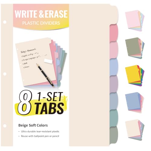 Sooez 8 Tabs Plastic Write & Erase Binder Dividers with Tabs, 1 Set | Long-Lasting Dividers for 3 Ring Binder, Cute Pastels Binder Dividers Organizers for Student, Teacher, Office, Beige Color - color: Beige Color, size: 1 Set