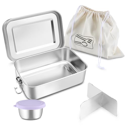 HaWare Large Stainless Steel Bento Lunch Box, 47oz (1400ml) with Divider | 3 Compartment, Purple Condiment Container &Carrying Bag Included, Leak-Proof, Dishwasher Safe - color: Lilac Purple, size: 47oz-(1400ml)