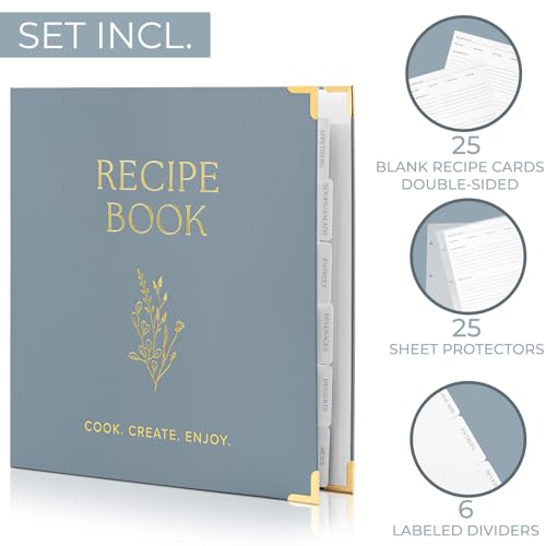 Aesthetic 8.5" x 11" Recipe Binder with Waterproof Cover - The Perfect Recipe Book with Plastic Sleeves to Write in Your Own Recipes - Quality Blank Cookbook Binder, Cards incl. - color: Dusty Blue, size: Large - 8.5x11"