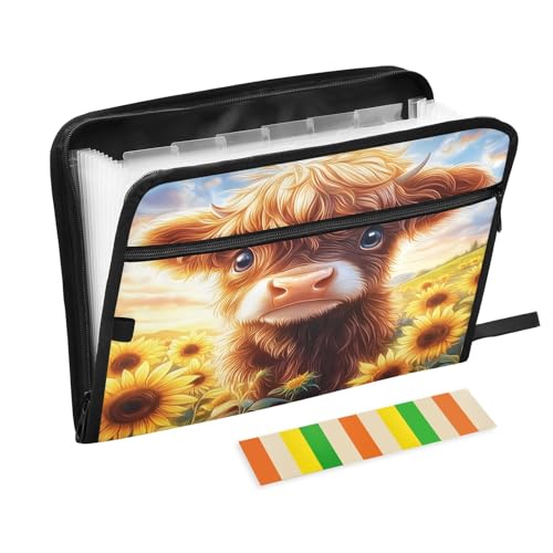 Highland Cow Sunflower 13 Pocket File Organizer Expanding File Folder with Front Pouch Portable Business File Storage Document Organizer Folder with Zipper - color: Highland Cow Sunflower