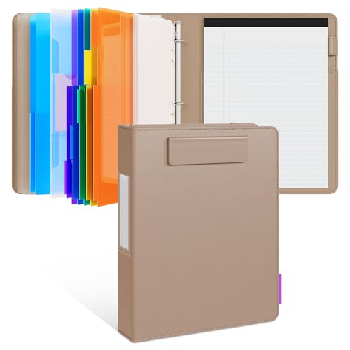 JoyCat 3 Ring Binder Clipboard with Storage,12.4"x10.2"Magnetic Clipboard Folder with 5 Expandable Folders,Refillable Lined Notepad (11" x 8.5"),Ideal for School Office Nursing(Khaki) - color: Khaki