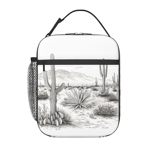 Cactus Lunch Box for Kids,Western Desert Landscape Mountain Insulated Bag for Student,Plant Black White Reusable Thermal Insulation Cooler Tote Bags for School Work Picnic Camping Outdoor,Gifts - color: Cactus