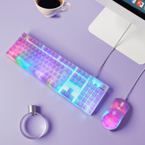 Wired LED Gaming Keyboad and Mouse Combo, 10 RGB Backlit Effects for PC | 104 Keys Light Up, Silent, Transparent, Anti-ghosting, Purple Gaming Mouse and Keyboard for Laptop Xbox PS4 PS5 Gamers Work