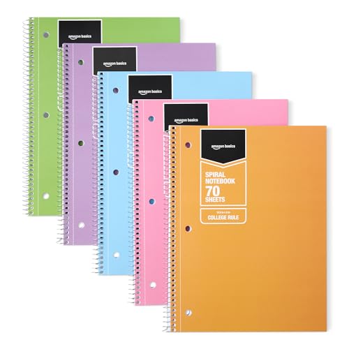 Amazon Basics College-Ruled Spiral Notebooks, 70 Sheets, 10.5" x 8", Perforated Pages, Assorted Pastel Solid Colors, 5-Pack - color: Assorted Pastel Colors, style: College Ruled 5-pack